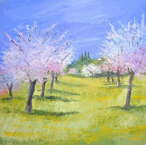 Jean Marie Ferrer artiste peintre de Provence, vente en ligne de tableaux à l'huile au couteau sur toile au couleurs de la Provence. Tableaux carrés sans châssis. Dans le verger.