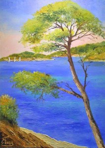 Jean Marie Ferrer artiste peintre de Provence, vente en ligne de tableaux à l'huile au couteau sur toile au couleurs de la Provence. Tableaux petits format. Le pin penché à Porquerolles .