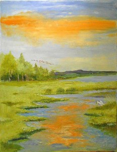 Jean Marie Ferrer artiste peintre de Provence, vente en ligne de tableaux à l'huile au couteau sur toile au couleurs de la Provence. Lumières du soir sur le marais.