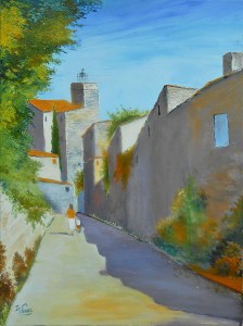 Jean Marie Ferrer artiste peintre de Provence, vente en ligne de tableaux à l'huile au couteau sur toile au couleurs de la Provence. La ruelle du clocher à Eygalieres.