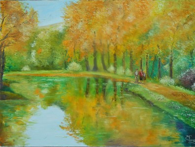 Jean Marie Ferrer artiste peintre de Provence, vente en ligne de tableaux à l'huile au couteau sur toile au couleurs de la Provence. Promenade au bord du canal.