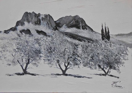 Jean Marie Ferrer artiste peintre de Provence, vente en ligne de tableaux à l'huile au couteau sur toile au couleurs de la Provence. Le rocher de Roquebrune en noir et blanc.